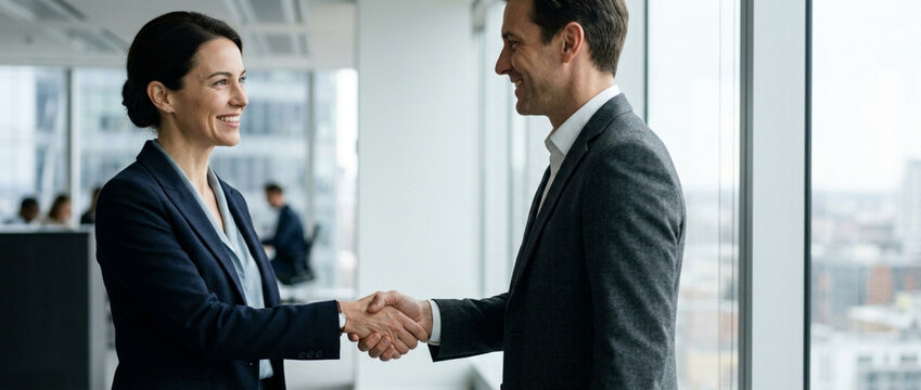Business handshake, professionals agreeing, partnership, teamwork, office environment
