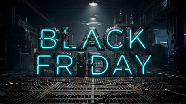 Black friday glowing neon typography set in a dark industrial factory environment with metallic textures and cables