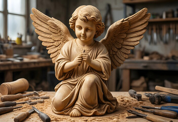Fototapeta premium Spirituality and craftsmanship, wooden angel sculpture carved by hand in a traditional workshop with artisan tools and wood shavings on a workbench