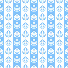 Blue and white damask seamless pattern with vertical stripes and ornate floral motifs © Lisma Seftiawati