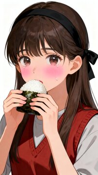Young East Asian girl eating onigiri with shy expression
