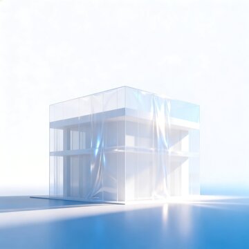 Two-story transparent modern building model on light reflective surface