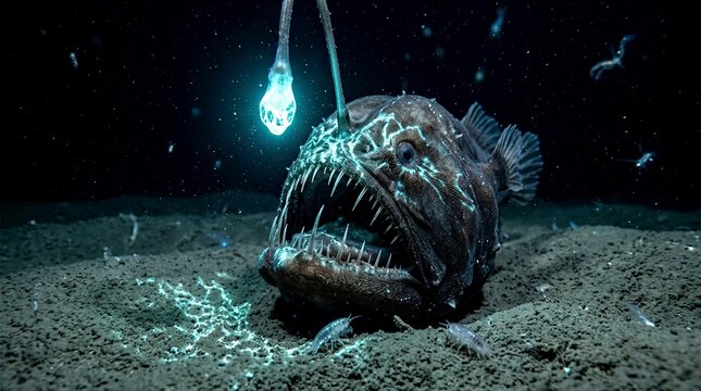 Deep sea anglerfish glowing in the dark ocean