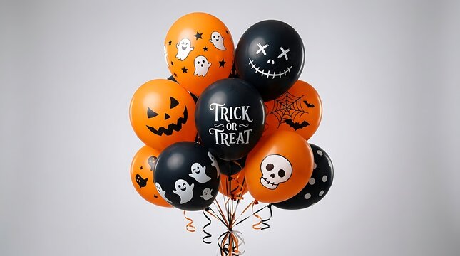 Bright orange and black Halloween balloons featuring spooky ghosts pumpkins skulls and decorative trick or treat