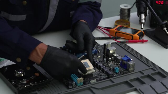 Close up of Technician measuring voltage electronic circuit board, Service after sale fix electric equipment.