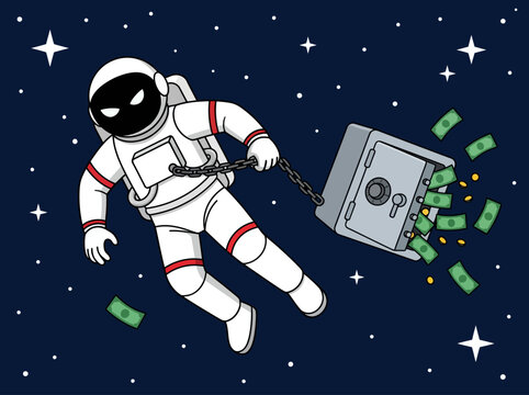 Astronaut Chained to Safe Spilling Money in Space Vector Illustration