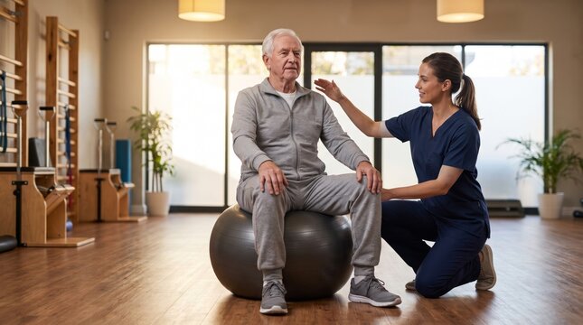 Physical therapist guiding a patient through a standing pelvic-tilt exercise for spine rehabilitation