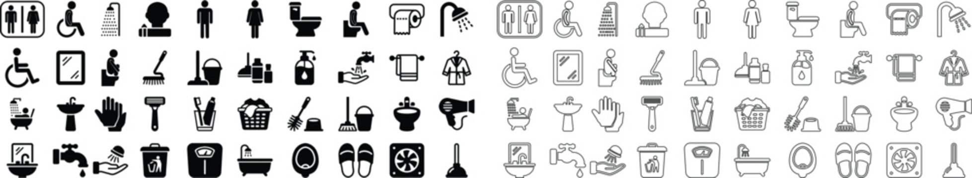Bathroom and washroom icons set, collection and group of black flat and line vector symbols, toilet, shower, sink, cleaning, hygiene, accessibility, restroom and sanitation