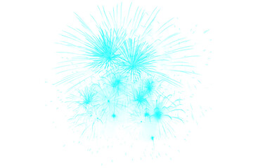 Fototapeta premium Cyan fireworks explosion on white background, bright blue pyrotechnic display, festive celebration burst illustration for holiday events