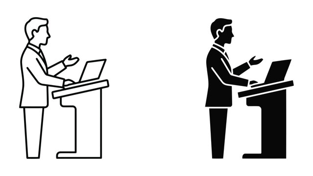 Professional conference speaker at podium icon set with laptop, presenter