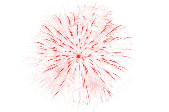 Red firework explosion on white background, festive pyrotechnic burst illustration, vibrant holiday celebration firework display
