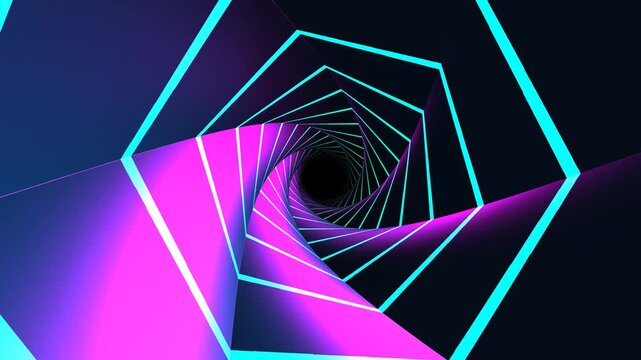 Infinite fractal kaleidoscope tunnel of mirrored hexagonal neon geometry spiraling inward in a hypnotic infinite loop. Abstract concept of fractals, symmetry, and mathematical infinity. Ideal for VJ l