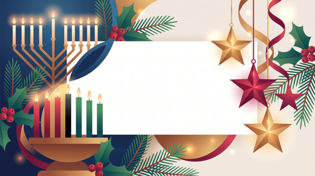 Winter holiday background with menorah, kinara candles and Christmas ornaments, interfaith Hanukkah Kwanzaa Christmas illustration