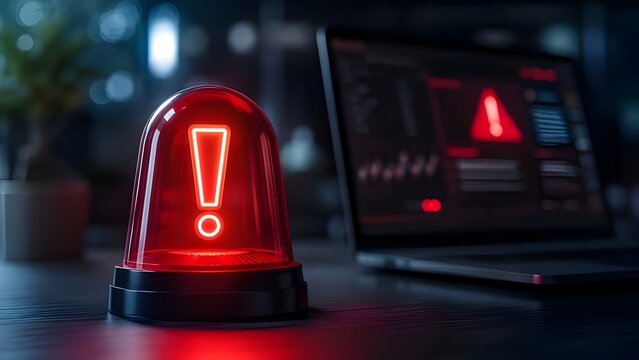 Red glowing emergency siren light on desk with laptop showing security warning alert for cybersecurity threat and data breach