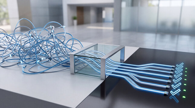 Network data cables tangled and organized, flowing from a messy pile through a glass container to a structured output with glowing connection points, representing data management and technology