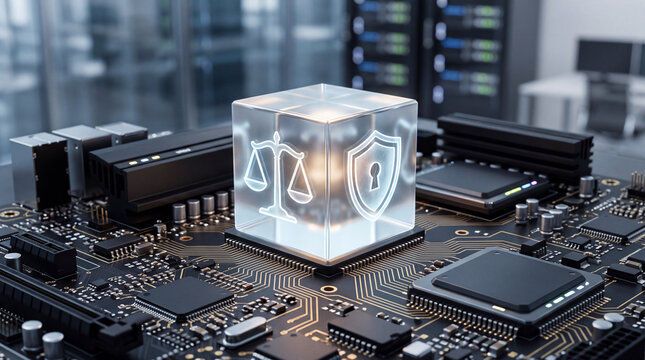 Glowing cube with legal scales and shield icon on computer motherboard, representing digital law and cybersecurity protection