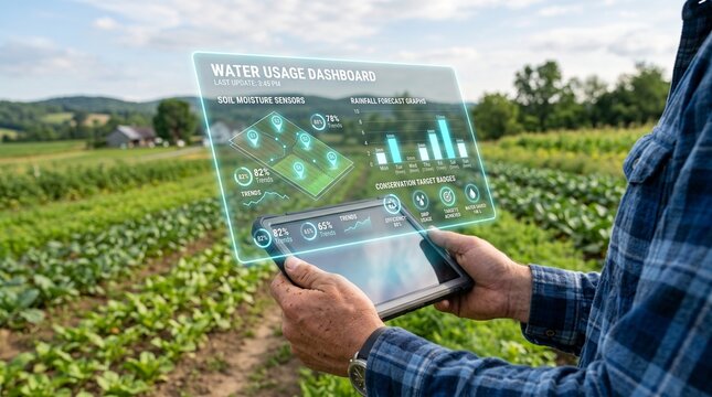 Farmer utilizing an innovative transparent digital tablet displaying a water usage dashboard, optimizing irrigation and crop management for sustainable agriculture in a lush field