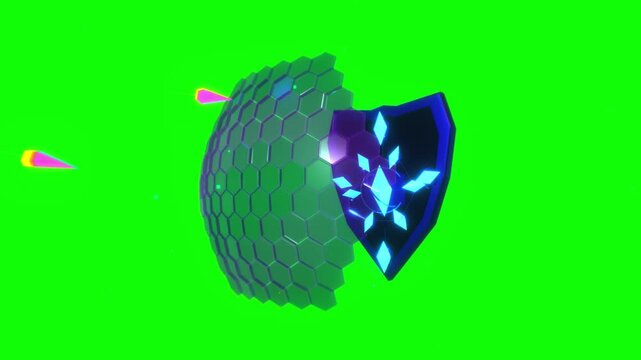 Shield wall featuring glowing purple hexagonal force field elements isolated on a bright green screen chroma key background