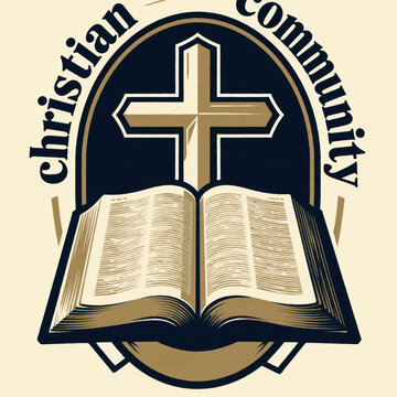 Christian community logo features cross and open bible graphic. Religious symbol represents faith, church, and scripture. Design for spiritual groups and ministries.