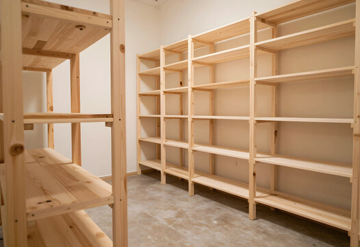 Organization and storage solutions empty wooden shelving units in a minimalist room for home improvement interior design and retail display space