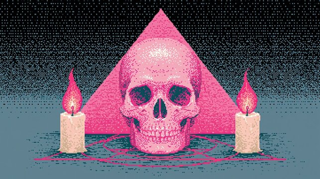 Retro pixel art composition with moody, eerie atmosphere: pink skull centered in triangle, flanked by candles