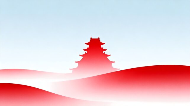 Silhouette of traditional pagoda with flowing red wave shapes