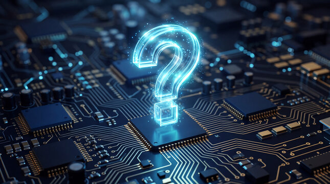 glowing question mark hovering over a complex circuit board, representing technology, innovation, and uncertainty, digital abstract background
