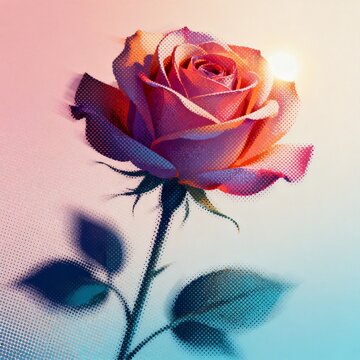 Vibrant Halftone Rose with Soft Pastel Gradient Background
