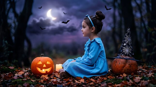 Adorable young girl wearing blue dress sits with glowing pumpkins during dark misty autumn halloween night