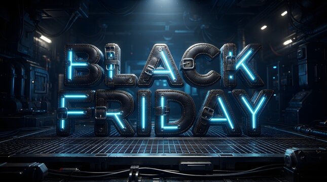 Black friday 3d typography with leather texture and blue neon light accents in a futuristic industrial setting