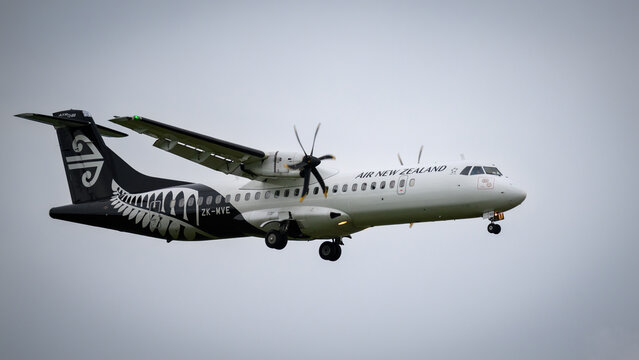 Auckland, New Zealand &ndash; September 10 2026: Air New Zealand ZK-MVE ATR 72-600 flying towards Auckland International Airport.