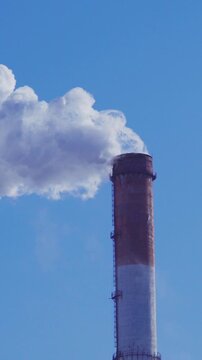 Vertical video shot of a tall red and white striped factory smokestack emitting dense white steam and emissions into a clear blue sky