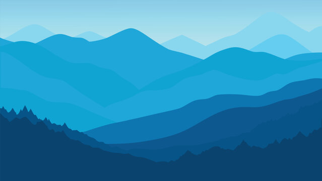 Layered blue mountain range during dawn with forest foreground vector landscape