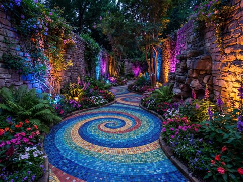An intricate spiral mosaic tile path glowing under fairy lights in an enchanted dusk garden courtyard setting.