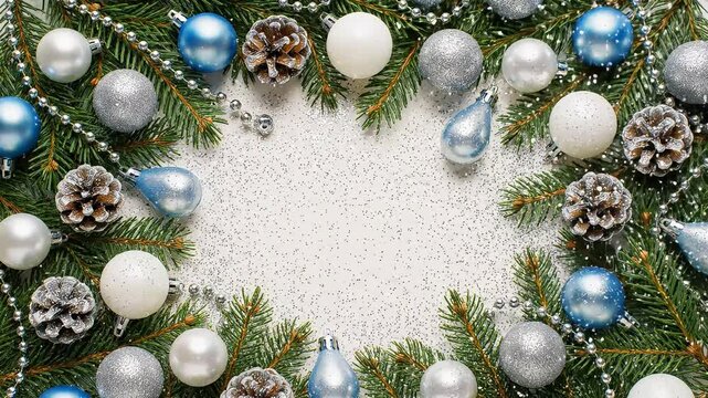 Christmas background with blue and silver ornaments, festive winter frame with fir branches and pine cones, holiday copy space on white glitter