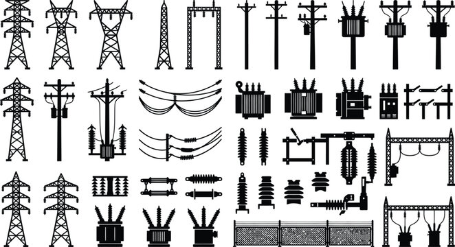 WebElectrical Infrastructure Silhouettes of Transmission Towers, Utility Poles, Transformers, and Substation Components