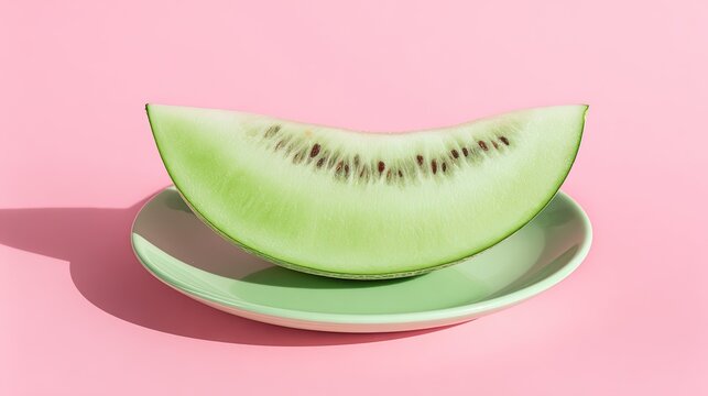 Honeydew melon slice on a small green plate against a solid pink background