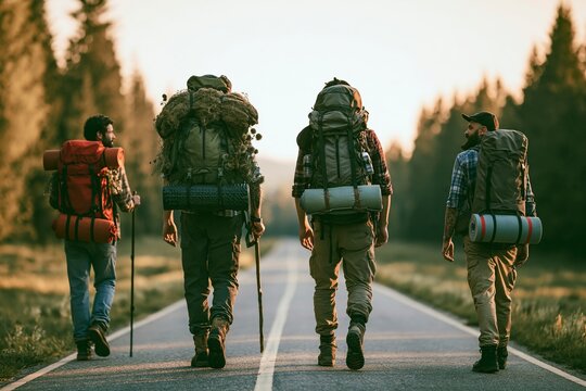 Four hikers with heavy backpacks walking along a rural road during a golden hour sunset trek