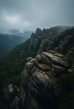 Adventure and exploration concept, rugged mountain peaks with misty forest valley, wilderness landscape with dramatic rock formations and moody weather