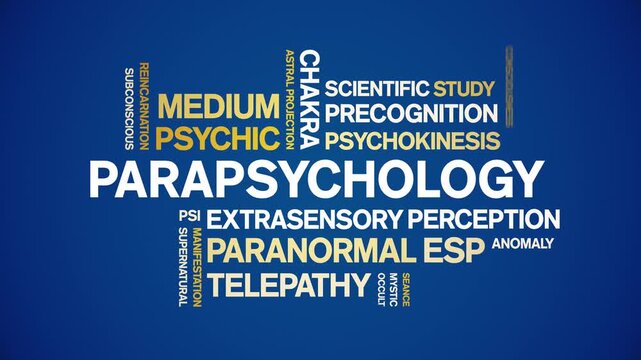 Parapsychology animated word cloud-animation tag kinetic typography seamless loop.
