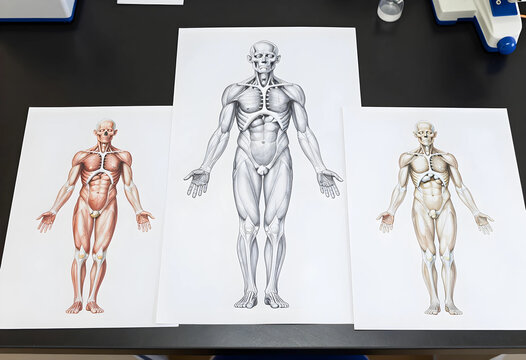 Anatomy and medical education, human muscular system diagrams and anatomical drawings on paper for scientific research and healthcare study in laboratory