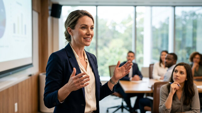 Confident businesswoman presents in corporate meeting with audience