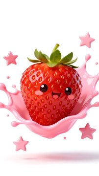 Cute Smiling Strawberry Surrounded by Pink Milk Splash and Stars