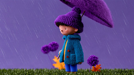 Kleiner Junge in gestrickter Herbstkleidung mit Regenschirm im Regen, umgeben von bunten Bäumen und fallenden Blättern in Violett-, Blau- und Orangetönen. © shokokoart