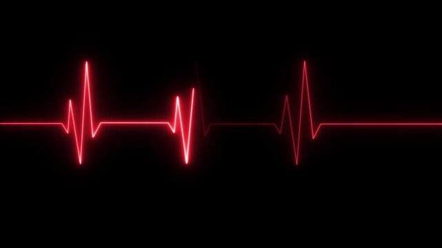 Red neon heartbeat ekg pulse line animation on black background, medical