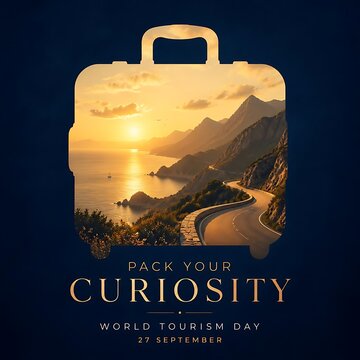 World Tourism Day poster, suitcase silhouette with sunset mountain landscape, Pack Your Curiosity travel concept for September 27