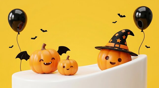 Cute smiling pumpkins wearing witch hats and black bat wings sitting inside bright festive party room
