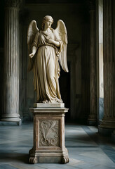 Fototapeta premium Spirituality and divine grace, marble angel statue with wings in a classical hall, religious art and historical architecture for cultural heritage