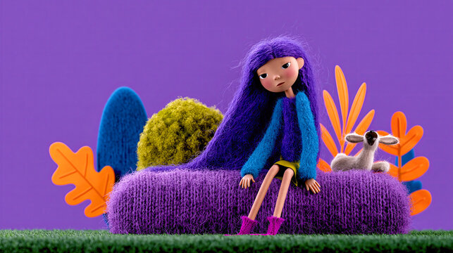 Junge M&auml;dchen in weicher Strickkleidung vor farbenfroher Herbstkulisse mit B&auml;umen, Bl&auml;ttern und kr&auml;ftigen Violett-, Blau- und Gelbt&ouml;nen.