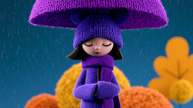 Kleines M&auml;dchen in violetter Strickkleidung mit gro&szlig;em Regenschirm im herbstlichen Regen, umgeben von buntem Laub und weichen textilen Strukturen.